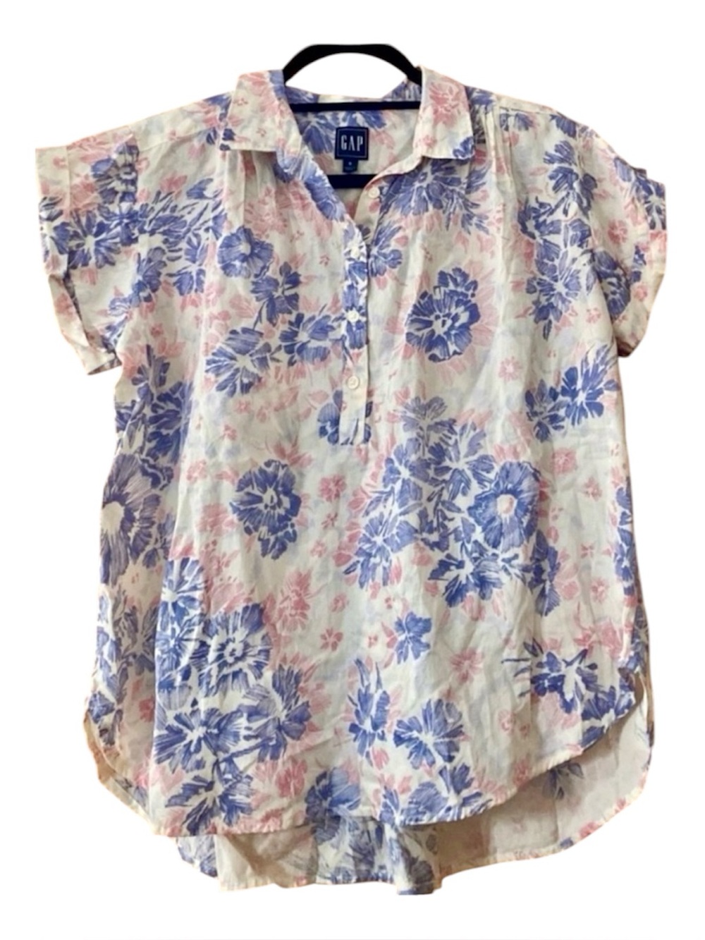 GAP Floral 100% Cotton Popover Blouse Blue Pink Relaxed Fit Top Size S
